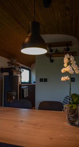 a light hanging over a wooden table with a vase with flowers at VAGONBublava in Bublava