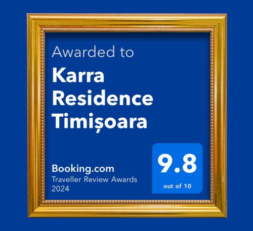 a gold picture frame with the text awarded to karma residence timisoara at Karra Residence Timisoara - autorizat Ministerul Turismului in Timişoara