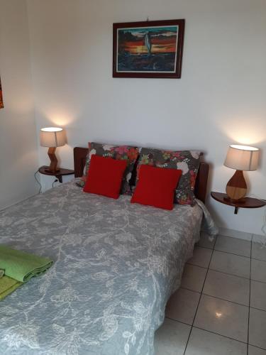 a bedroom with a bed with red pillows and two lamps at Le Palmier in Saint-Philippe