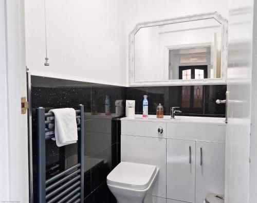 a bathroom with a white toilet and a sink at Sea Scene's , Hayling Island in South Hayling