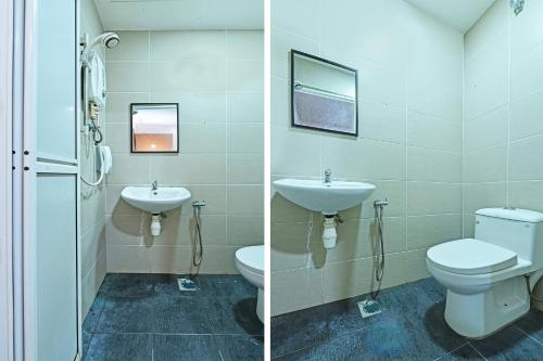 two pictures of a bathroom with a toilet and a sink at Seri Mawardah Hotel in Malacca