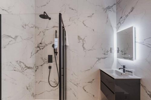 uma casa de banho com um chuveiro e um lavatório. em Spacious Luxury Penthouse, 2BR, Private Parking em Windsor