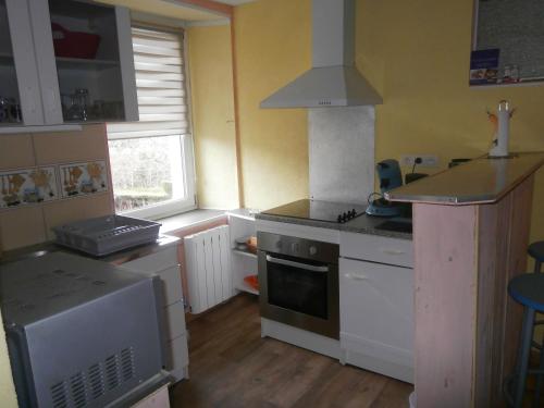 une petite cuisine avec une cuisinière et un micro-ondes dans l'établissement monvillage, à Saint-Maurice-sur-Moselle