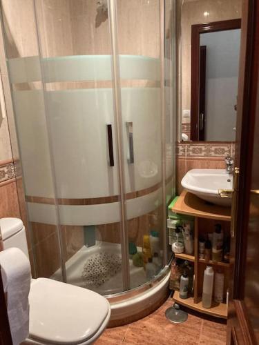 ein Bad mit einer Dusche, einem WC und einem Waschbecken in der Unterkunft Piso 3 dormitorios en el centro in Cádiz