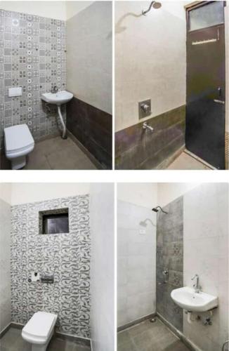 três fotografias de uma casa de banho com um lavatório e um WC em Hotel Heaven residency em Greater Noida