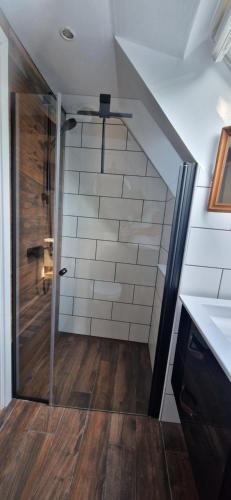 a bathroom with a shower with a glass door at Aplagårdens vingård in Helsingborg