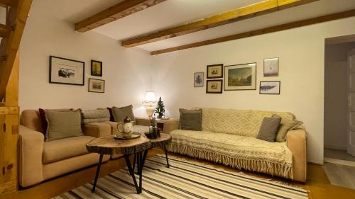 a living room with a couch and a table at Cottage by the river Valea Draganului in Poeni