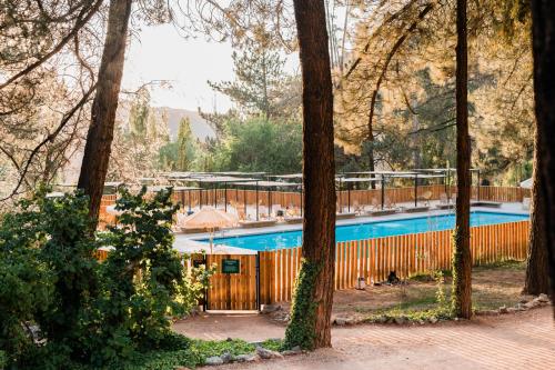 una piscina en un bosque con árboles en Huttopia Paradise Springs, en Valyermo
