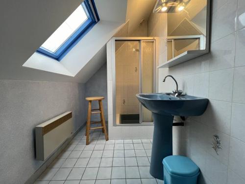 a bathroom with a blue sink and a skylight at 350 - Charmante maison dans le bourg de Plévenon à 1 kilomètre des plages in Plévenon
