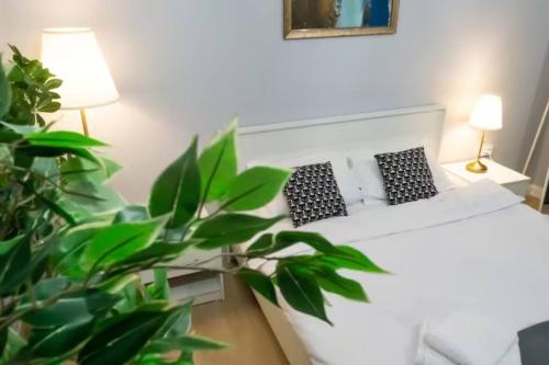 a bedroom with a white bed and a plant at Ultra Central Fun in Bucharest