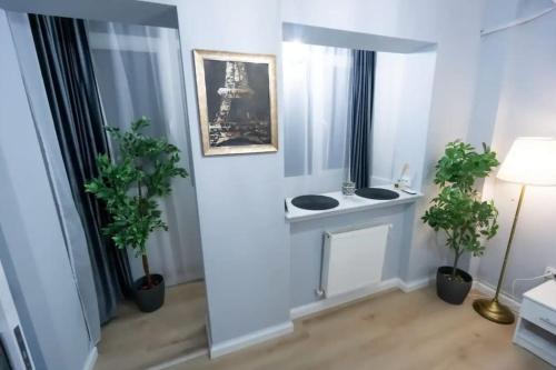 a room with two sinks and two potted plants at Ultra Central Fun in Bucharest