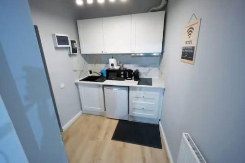 a small kitchen with white cabinets and a sink at Ultra Central Fun in Bucharest