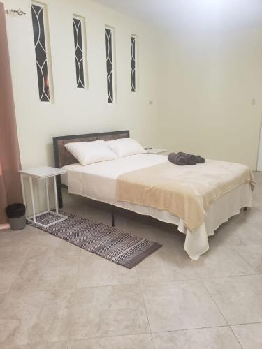 a bedroom with two beds and a table in it at Noud Villa in Santa Cruz