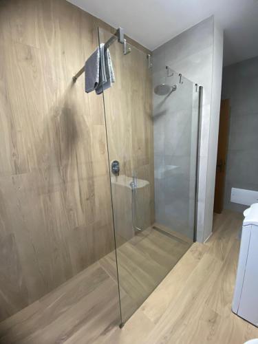 a shower with a glass door in a bathroom at Mountain Apartments Tarvisio in Tarvisio