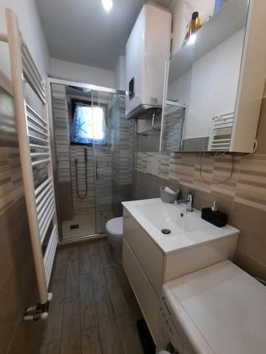 a bathroom with a white sink and a toilet at Ski House Marmotta in Borgata Sestriere
