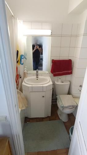 a man taking a picture of a bathroom with a toilet and sink at Beau studio PARIS beau quartier cœur de Paris 5e in Paris
