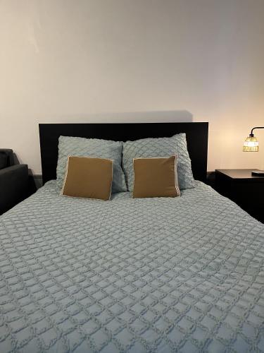 une chambre avec un lit avec deux oreillers dessus dans l'établissement Le Cocon Central d'Orléans, à Orléans