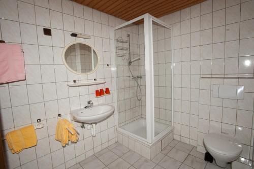 uma casa de banho com um lavatório, um chuveiro e um WC. em Hotel-Restaurant Köhler em Estugarda
