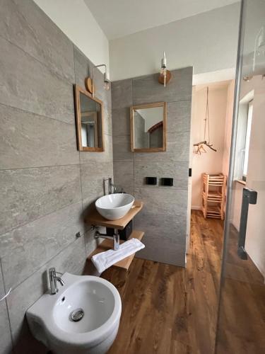 a bathroom with a sink and a toilet and a mirror at Stanza in sondrio Coel in Sondrio