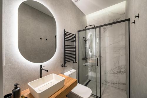 a bathroom with a sink and a shower and a mirror at Luxury flat Centro XVI in Madrid