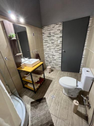 ein Badezimmer mit einem weißen WC und einem Waschbecken in der Unterkunft María Chusena alojamiento 1 in Fray Bentos