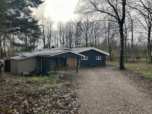 a blue shed in the middle of a forest at Holiday Home Gretl in Western Jutland by Interhome in Arrild