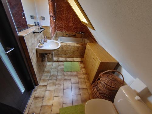 a small bathroom with a sink and a toilet at Privat Apartment Zdenko in Ostrava