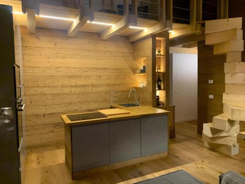una cucina con pareti in legno e bancone con lavandino di Chez nous ad Aprica