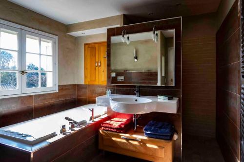 une salle de bain avec une baignoire, un lavabo et un miroir dans l'établissement Mas de vacances classé 4 étoiles avec piscine, à Entraigues-sur-la-Sorgue