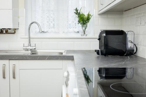 a kitchen with a sink and a toaster on a counter at Charming 1BR flat, Canning Town, ExCel, City Hall in London