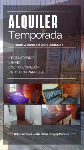 een collage van drie foto's van een kamer met een bed bij Cabaña El Mar in Barra del Chuy