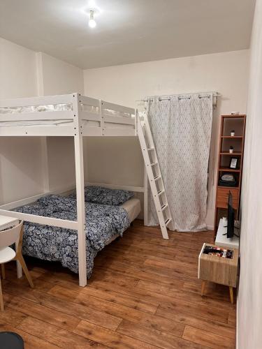 a bedroom with two bunk beds and a ladder at Studio Proche Disneyland Paris in Montévrain