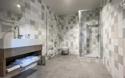 a bathroom with a shower and a sink and a toilet at Kasteel Wolfrath in Born