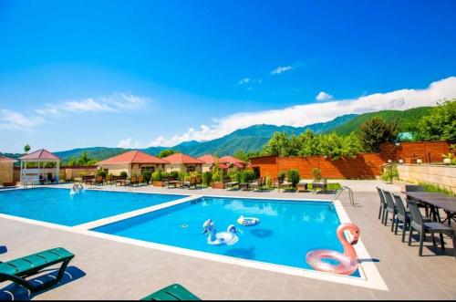 una piscina en un complejo con cisnes en el agua en Gabala Bliss Inn Hotel and Restaurant en Vǝndam