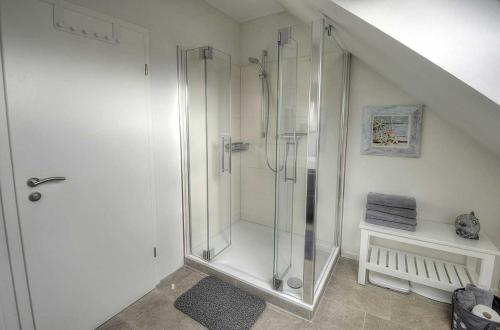 a bathroom with a glass shower with a staircase at Ferienhaus Segelblick Lee - b49659 in Holnishof