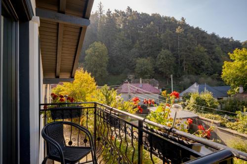 a balcony with a chair and a view of a garden at Casa Pe Vale in Râşnov