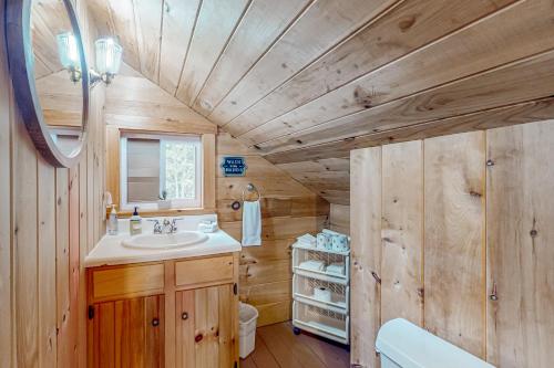 a bathroom with wooden walls and a sink and a mirror at Wassookeag Getaway in Dexter