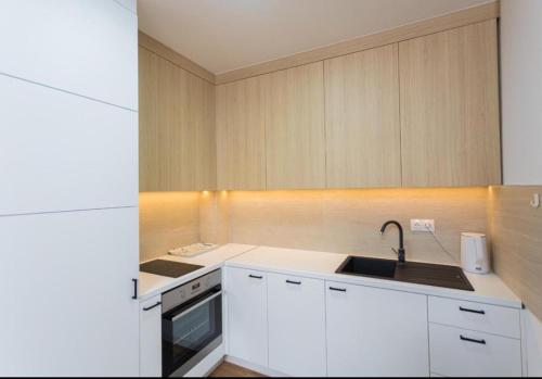 una cocina con armarios blancos y fregadero en Deluxe Apartman Grey, en Bjelašnica