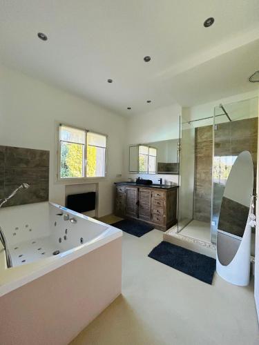 une grande salle de bain avec baignoire et douche dans l'établissement Villa Sunlight Mougins, à Mougins
