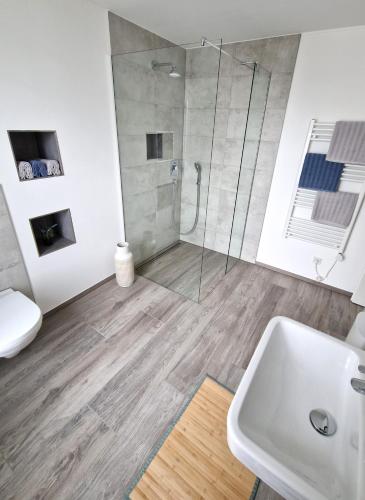 a bathroom with a shower and a sink at Ferienwohnung im ehemaligen Gesindehaus in Welschbillig