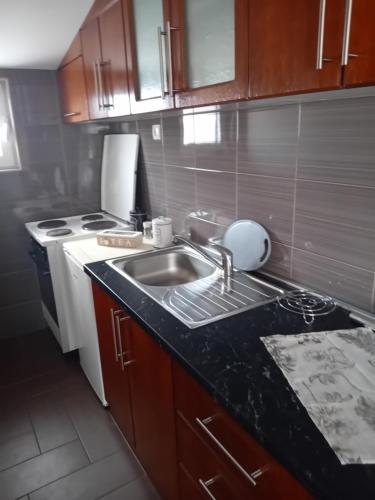 a kitchen with a sink and a stove at Apartman M Batajnica in Batajnica