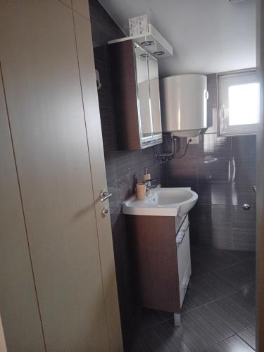 Baño pequeño con lavabo y espejo en Apartman M Batajnica, en Batajnica