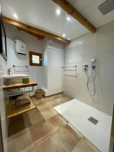 une salle de bain avec douche et lavabo dans l'établissement Maison de gardians traditionnelle - Espiguette, au Grau-du-Roi
