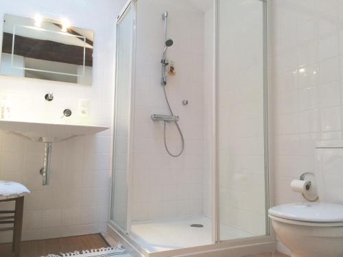 La salle de bains est pourvue d'une douche avec une porte en verre. dans l'établissement Le Prieuré Saint Blaise, à Le Puy-Saint-Bonnet