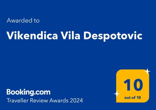 Ett certifikat, pris eller annat dokument som visas upp på Vikendica Vila Despotovic