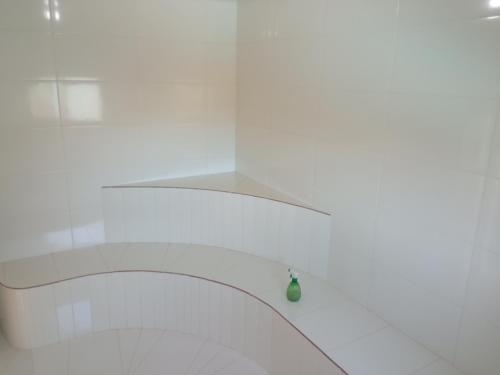 a white bathroom with a green vase on the wall at Recanto da Felicidade in São Lourenço