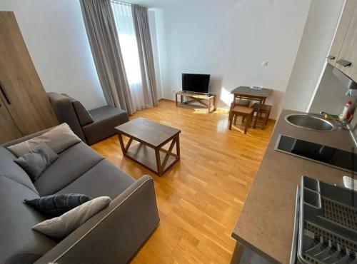 a living room with a couch and a table at Brzece Apartman 23 in Mramor