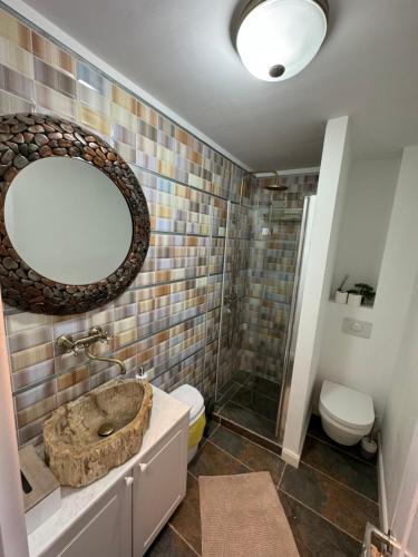 bagno con lavandino, servizi igienici e specchio di Central Apartment a Constanţa