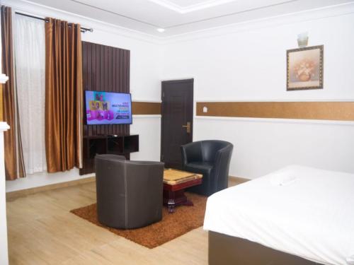 una camera d'albergo con letto e TV di Hotel Belisco a Owerri
