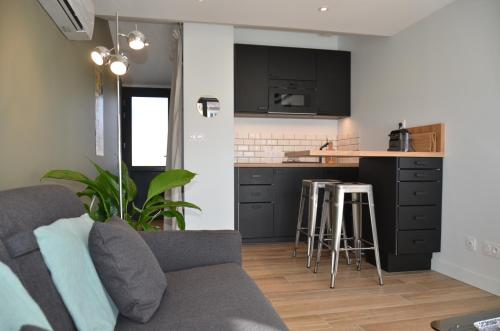 un salon avec un canapé et une cuisine dans l'établissement La Griotte - Studio tout confort - Lyon - Tassin, à Tassin-la-Demi-Lune